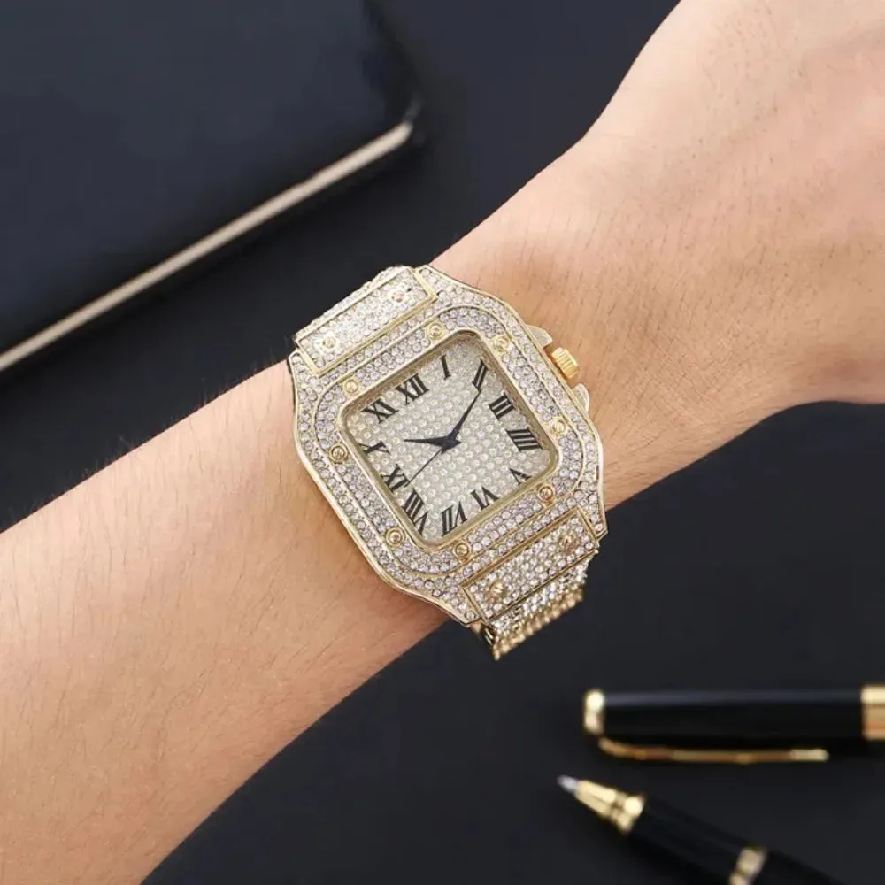 Luxury Moissanite Iced Out Watch - Unisex, Diamond-Studded Stainless Steel.