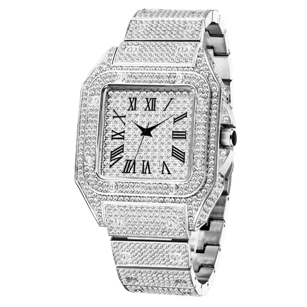 Luxury Moissanite Iced Out Watch - Unisex, Diamond-Studded Stainless Steel.