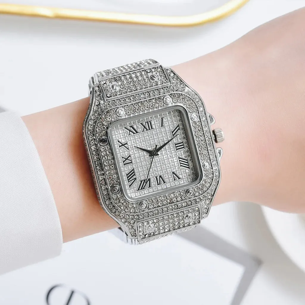 Luxury Moissanite Iced Out Watch - Unisex, Diamond-Studded Stainless Steel.