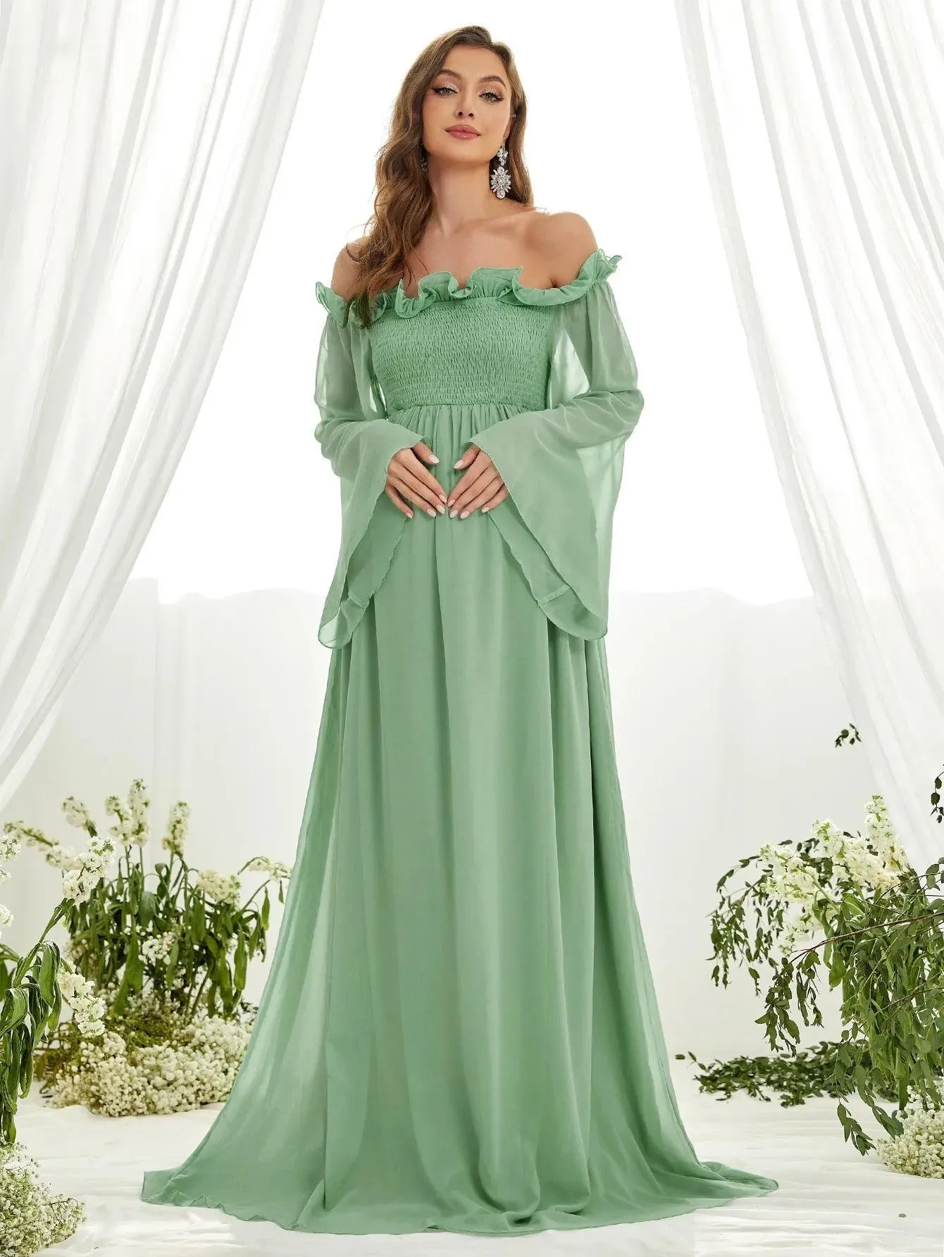 Maternity Off Shoulder Ruffle Trim Shirred Chiffon Dress