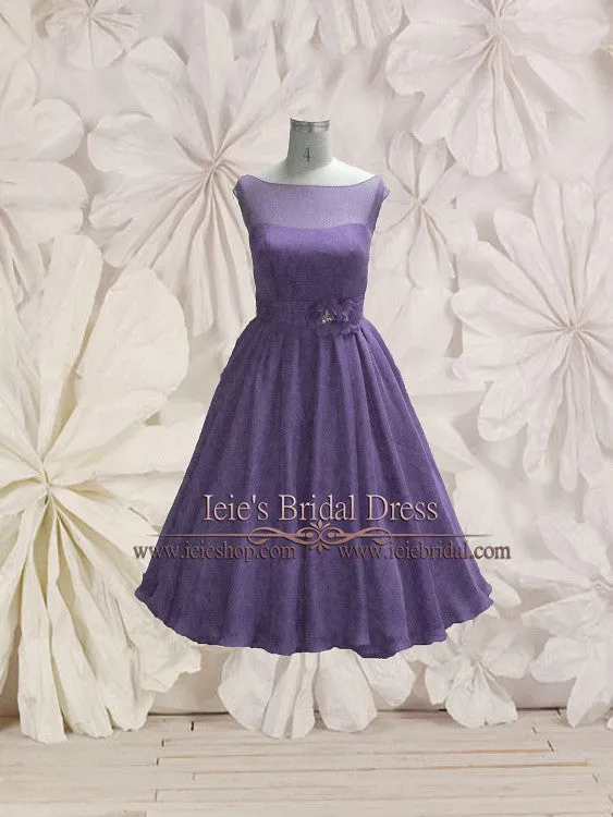 Modest Purple Retro 50s Tea Length Prom Formal Dress