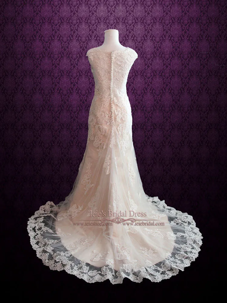 Modest Vintage Lace Wedding Dress with Cap Sleeves JULY