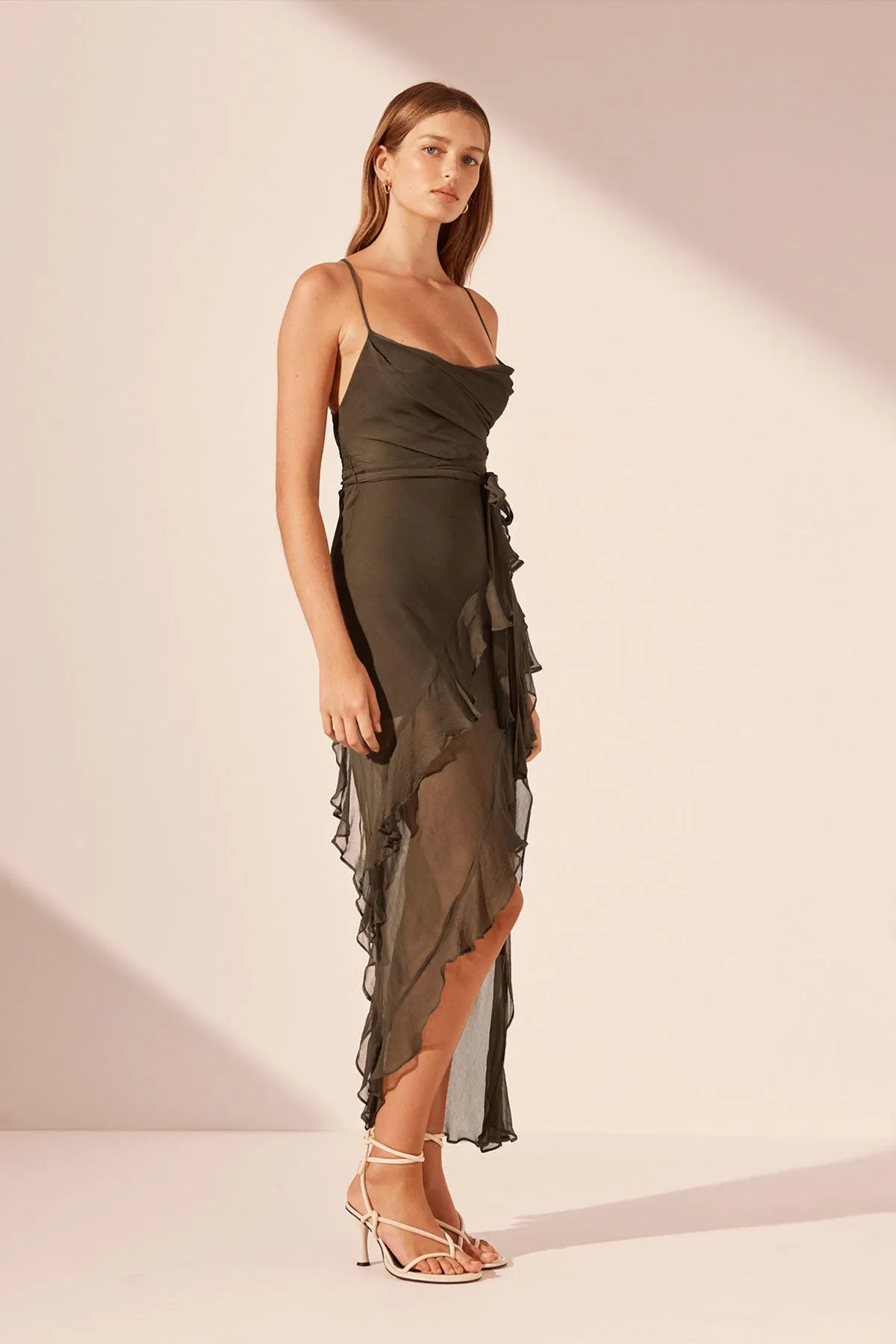 ODEN COWL NECK ASYMMETRICAL MAXI DRESS - OLIVE