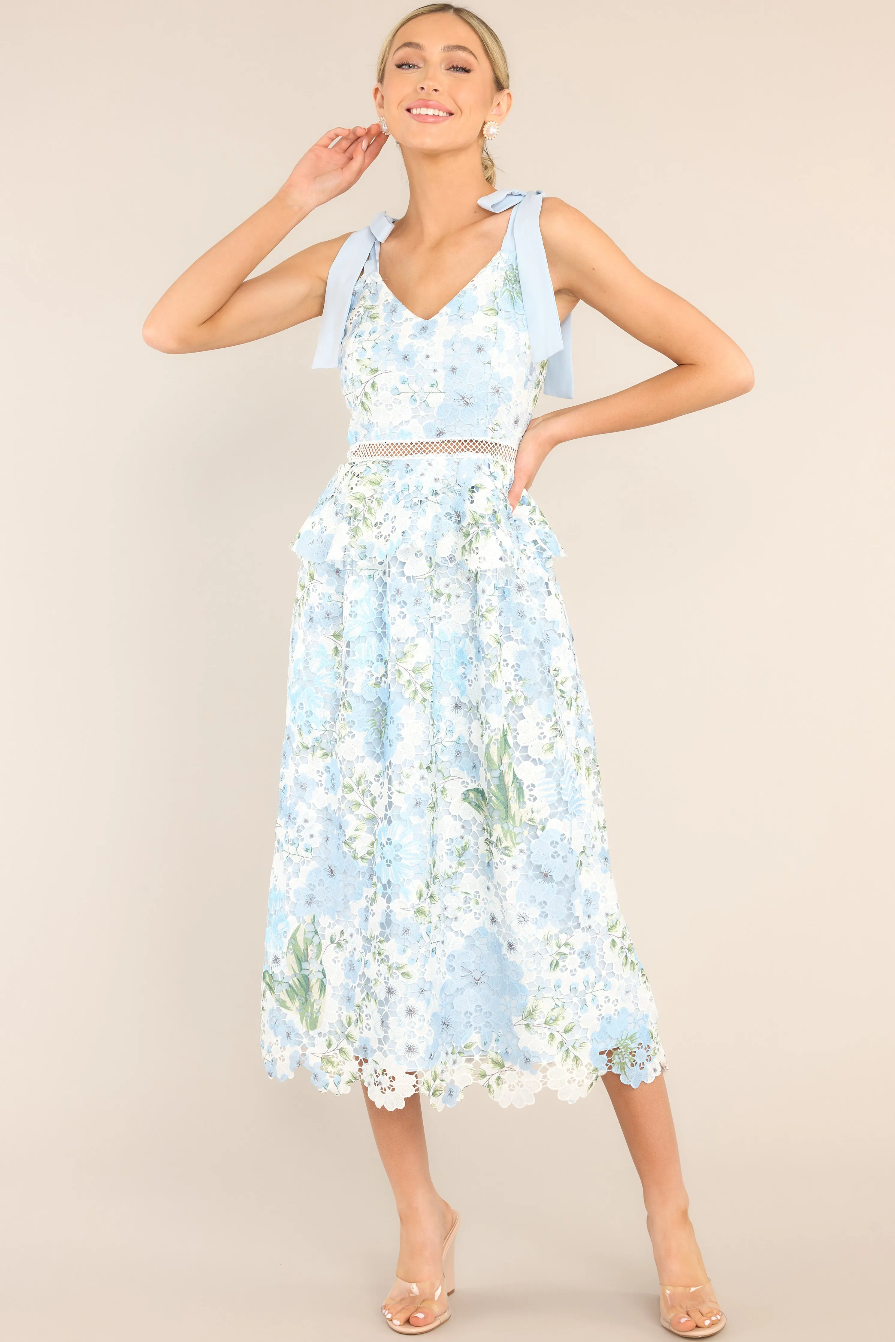 Remembering Spring Light Blue Lace Floral Midi Dress