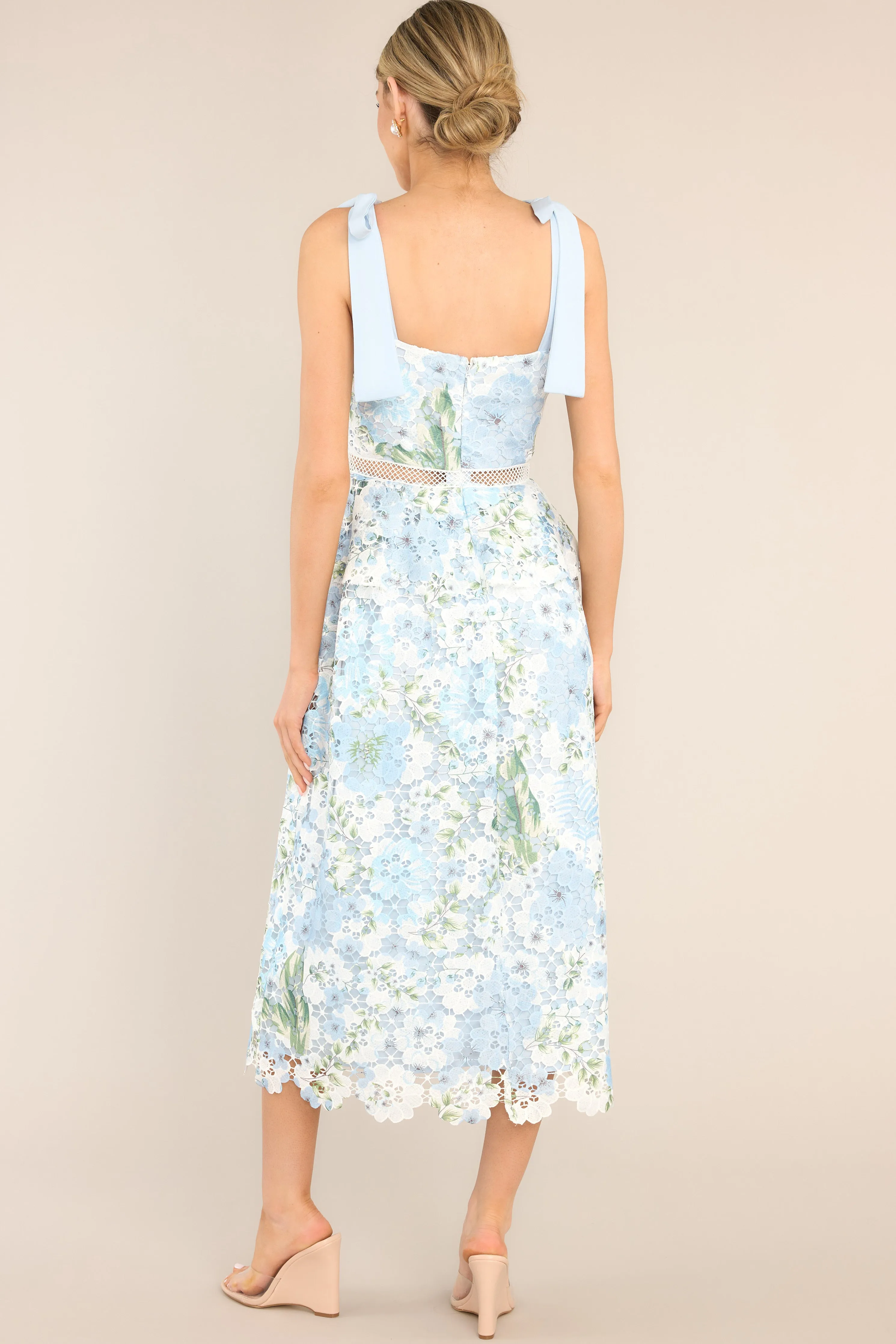 Remembering Spring Light Blue Lace Floral Midi Dress