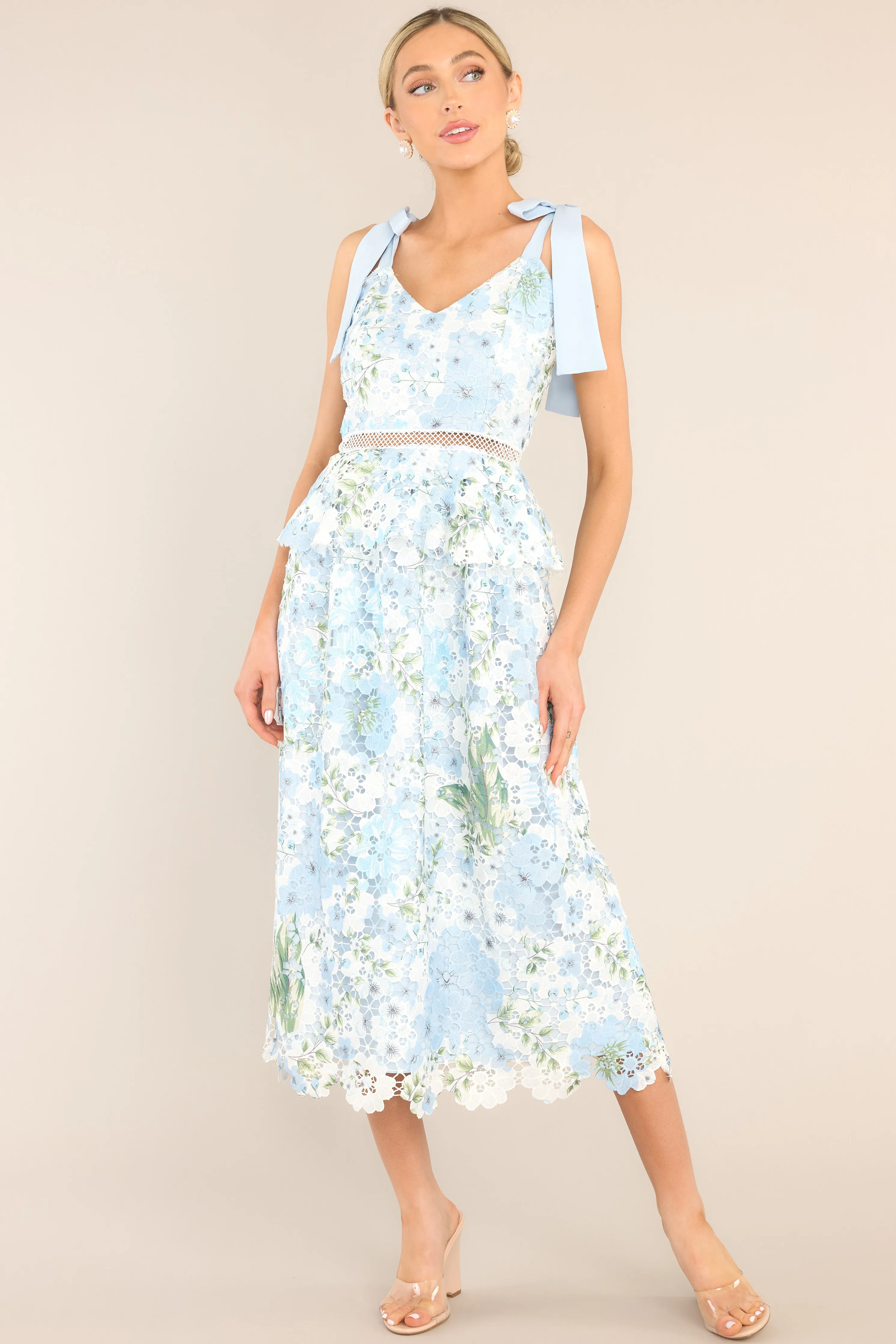 Remembering Spring Light Blue Lace Floral Midi Dress