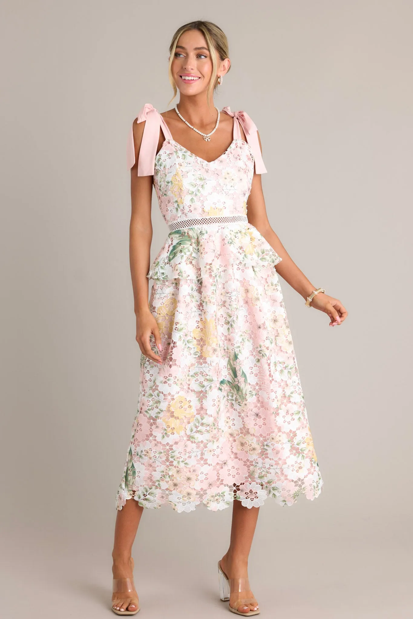 Remembering Spring Peach Lace Floral Midi Dress