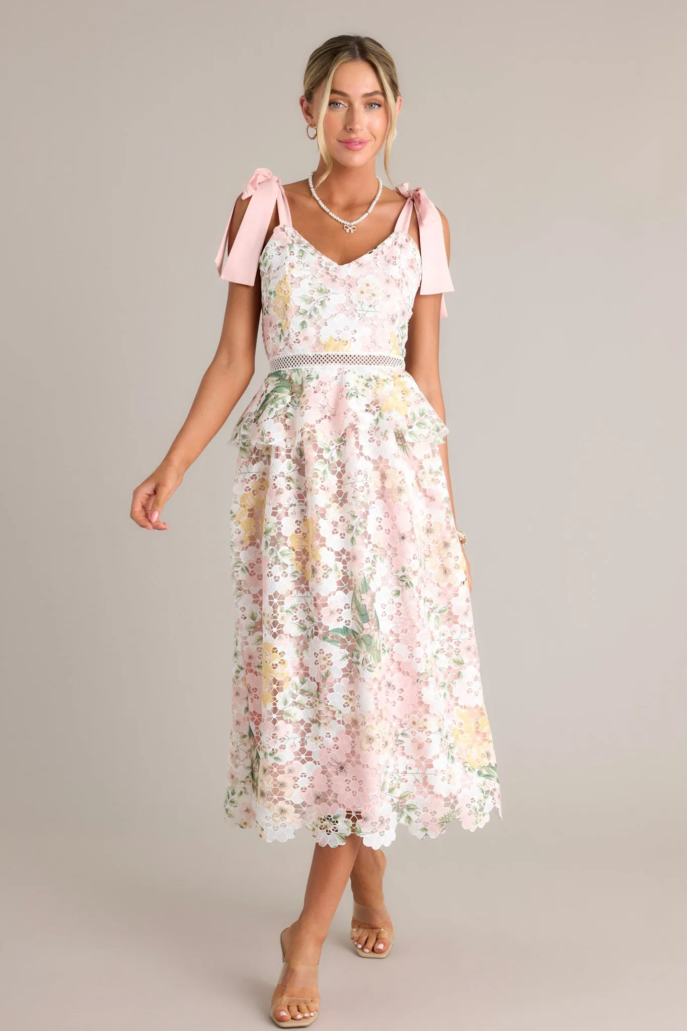 Remembering Spring Peach Lace Floral Midi Dress