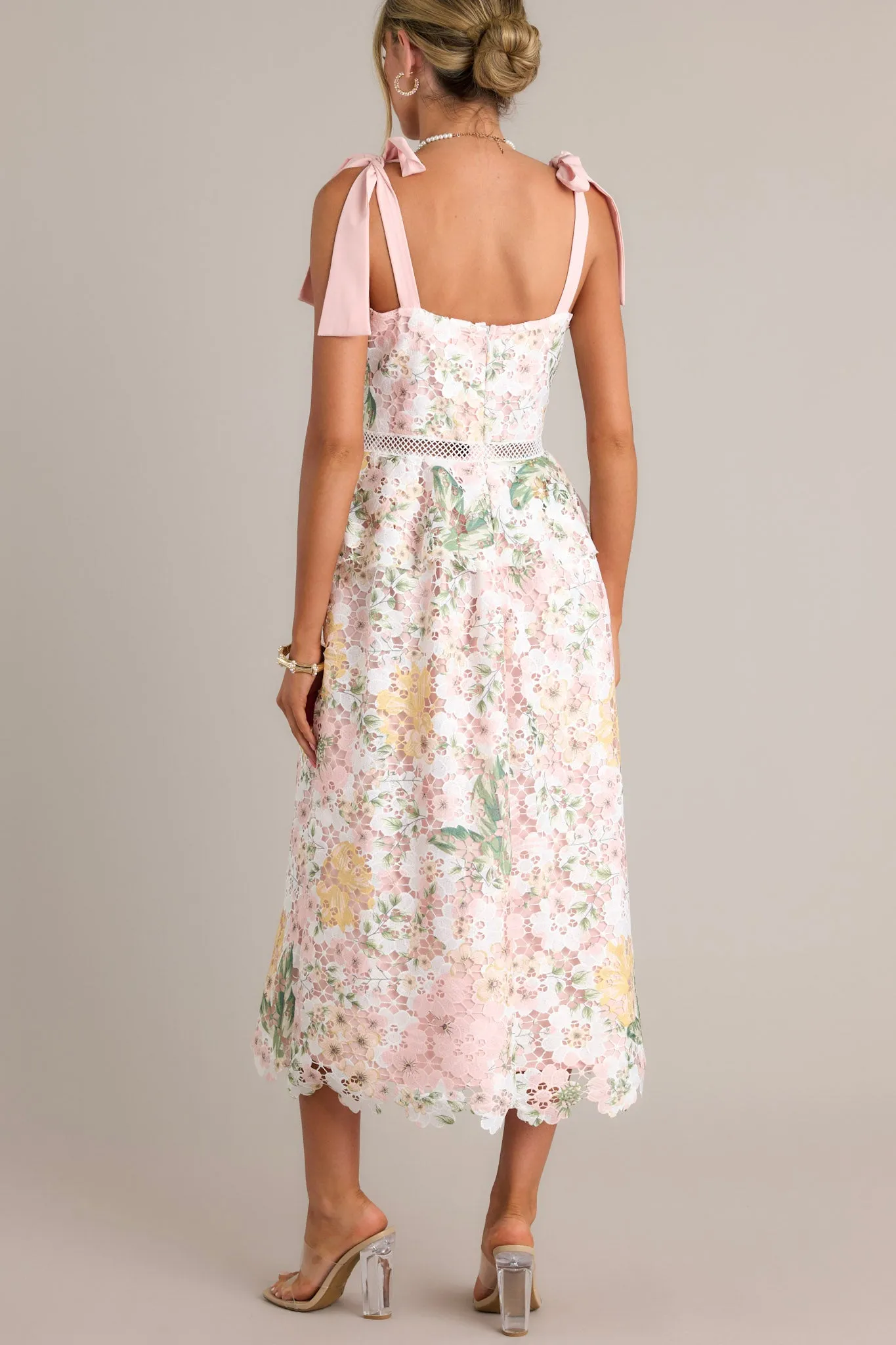 Remembering Spring Peach Lace Floral Midi Dress