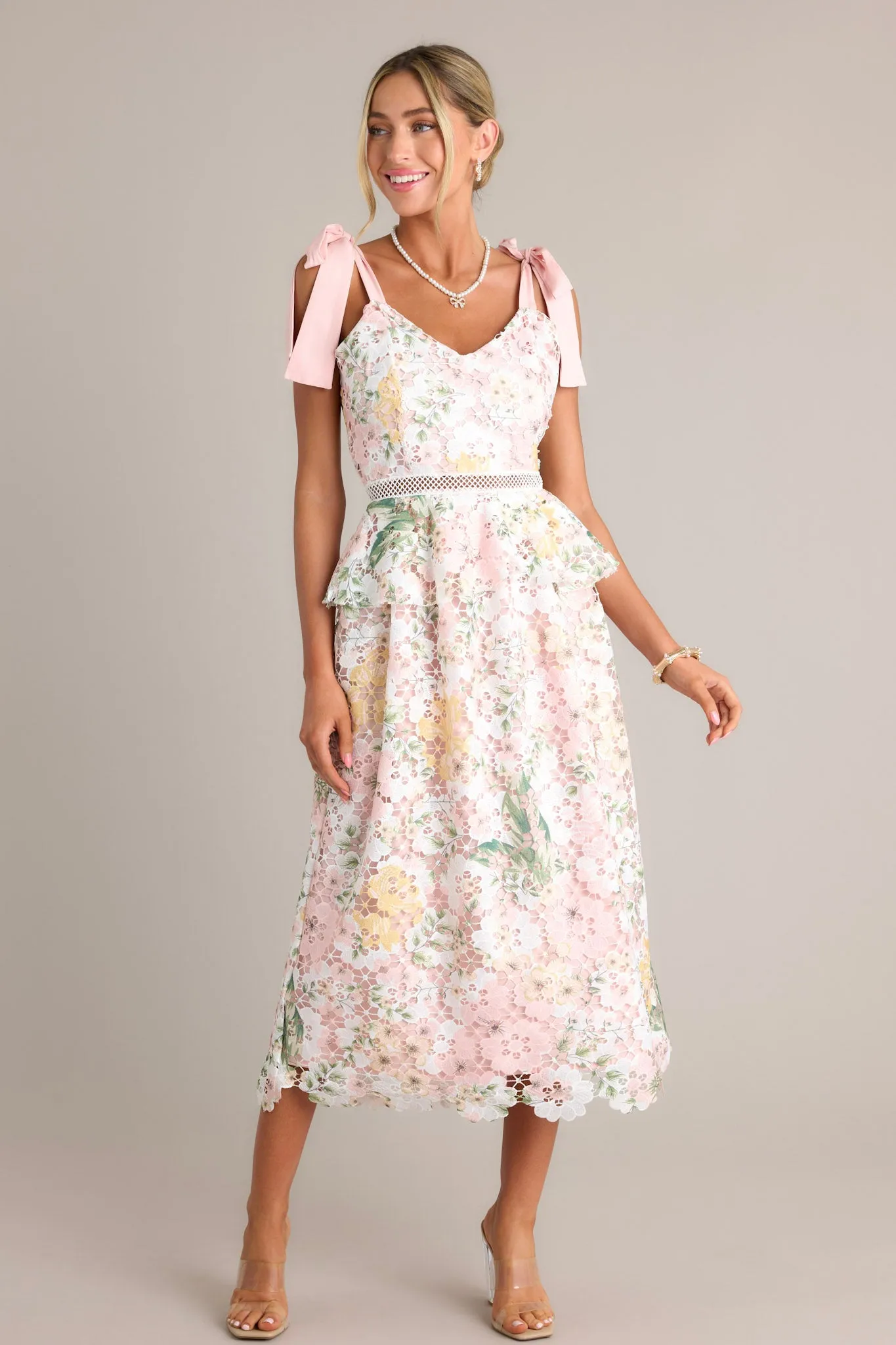 Remembering Spring Peach Lace Floral Midi Dress