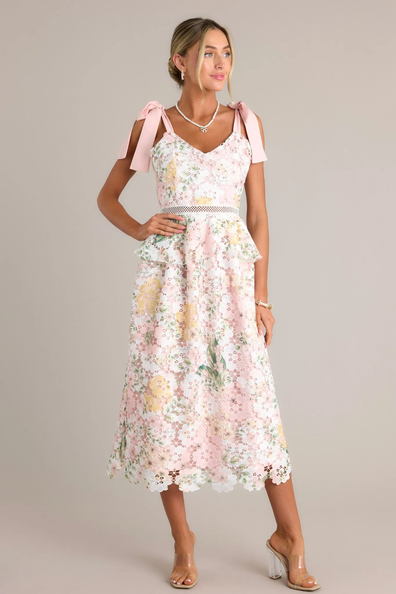 Remembering Spring Peach Lace Floral Midi Dress