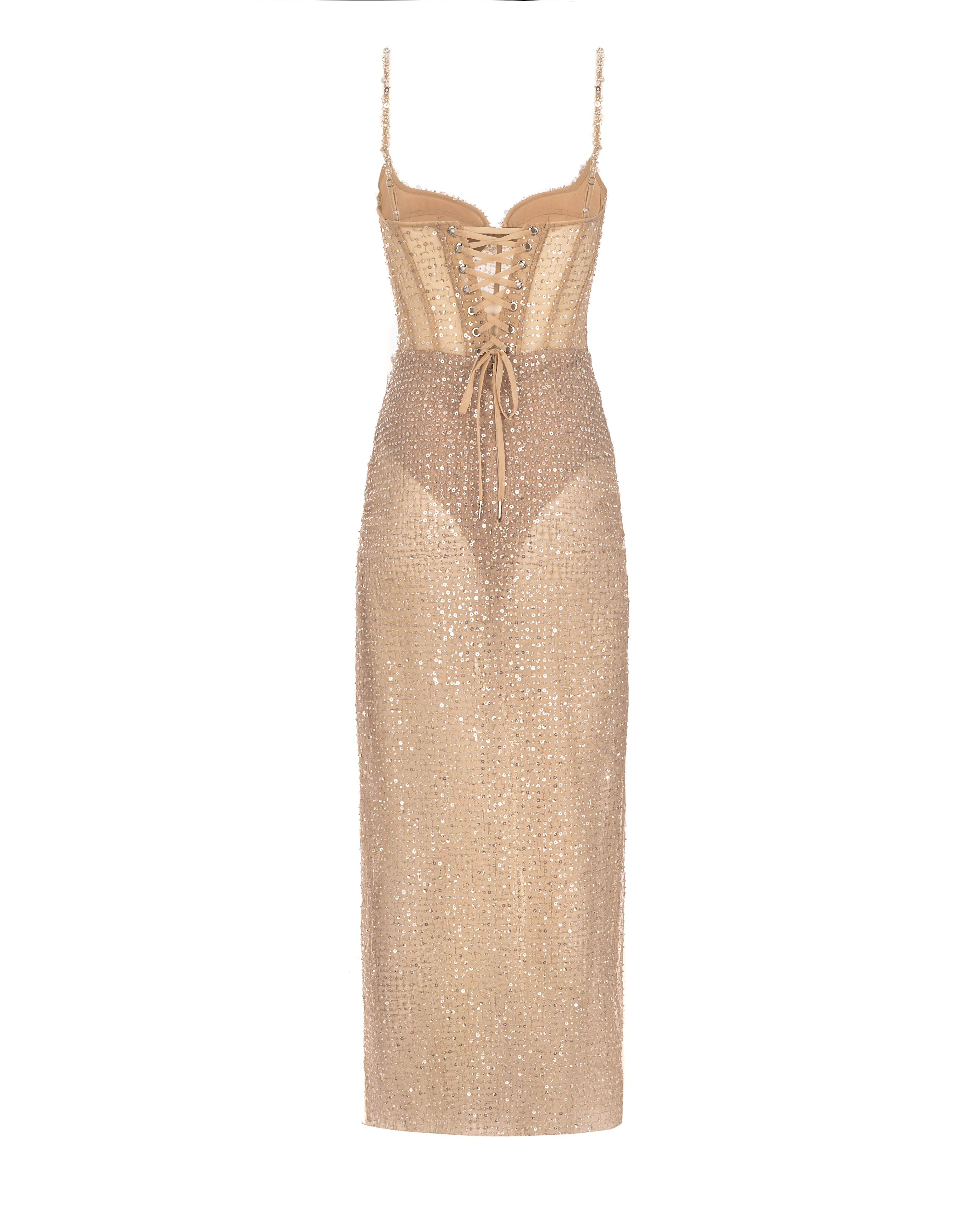 Sensational champagne gold crystal-embellished maxi dress on spaghetti straps