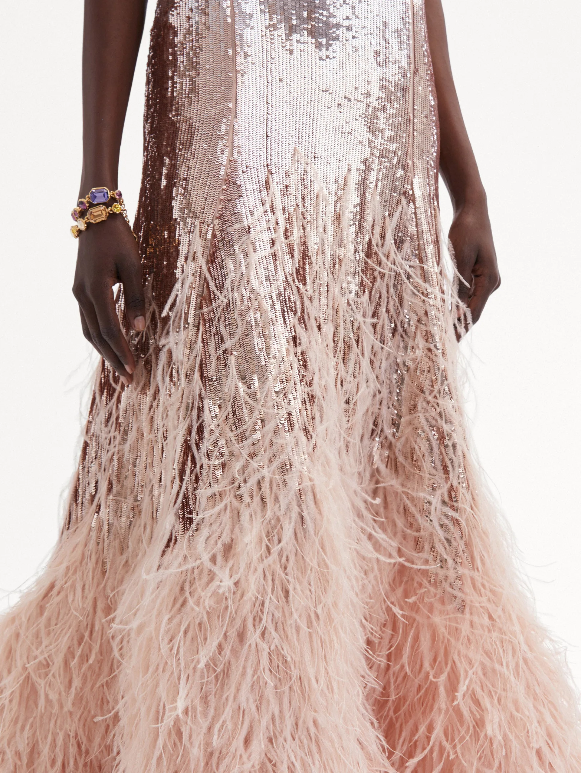 Sequin & Feather Embroidered Gown