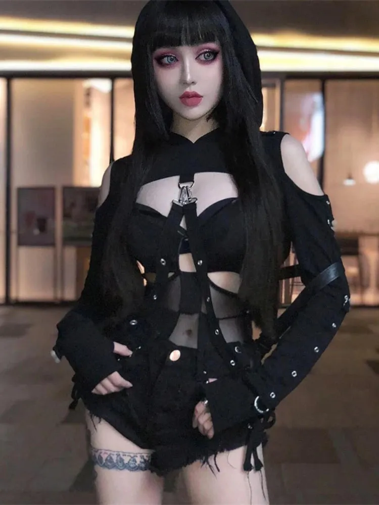 Streetwear Mall Goth Punk Halloween Harajuku Hollow Out Loose Dark Hipster Crop Top