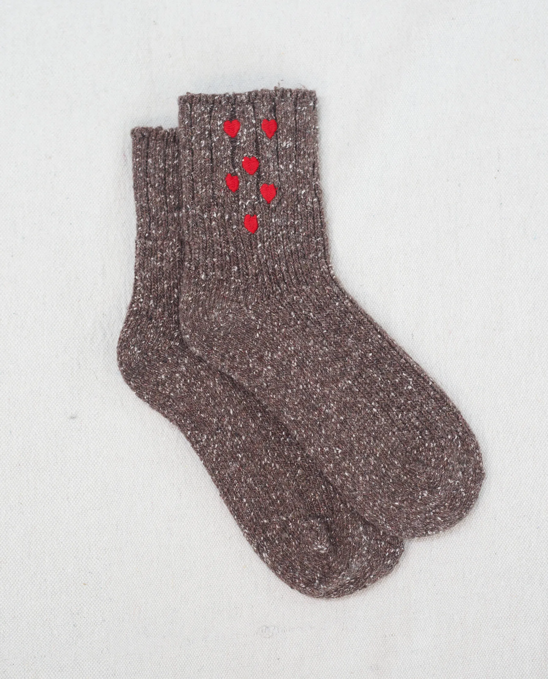 The Melange Rib Sock. -- Chocolate with Red Hearts