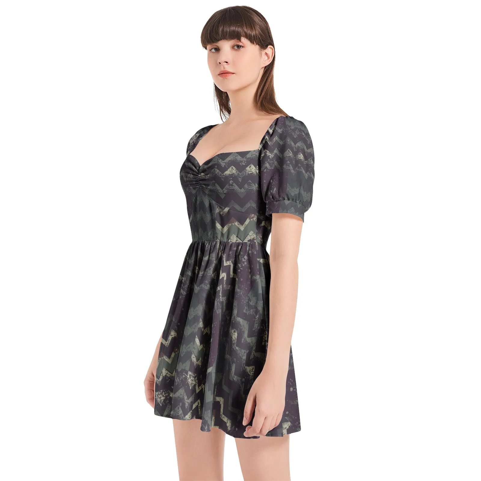 Vampire Art Grunge Patchwork Puff Sleeve Sweetheart Neck Short Dress - Herringbone