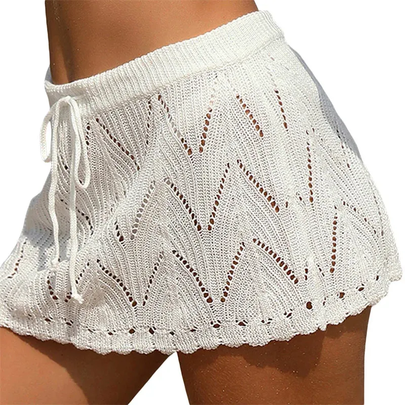 Xingqing Beach Skirt Cover Up 2024 Summer Women Solid Color Drawstring High Waist Knitted Mini Skirt Casual Swimming Costume