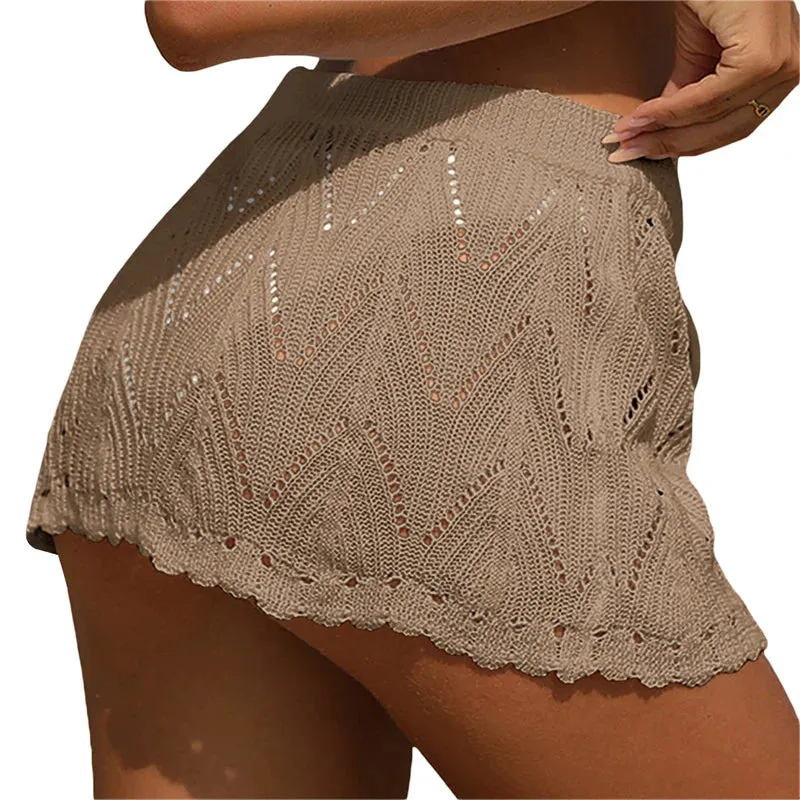 Xingqing Beach Skirt Cover Up 2024 Summer Women Solid Color Drawstring High Waist Knitted Mini Skirt Casual Swimming Costume