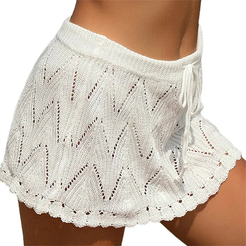 Xingqing Beach Skirt Cover Up 2024 Summer Women Solid Color Drawstring High Waist Knitted Mini Skirt Casual Swimming Costume