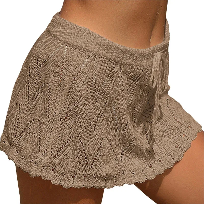 Xingqing Beach Skirt Cover Up 2024 Summer Women Solid Color Drawstring High Waist Knitted Mini Skirt Casual Swimming Costume