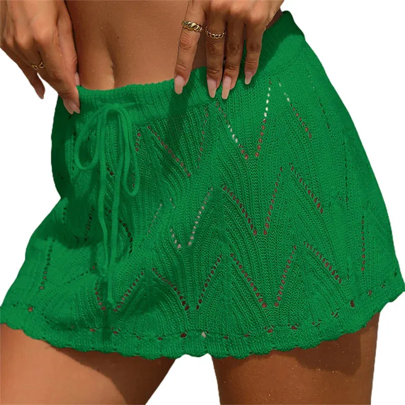 Xingqing Beach Skirt Cover Up 2024 Summer Women Solid Color Drawstring High Waist Knitted Mini Skirt Casual Swimming Costume