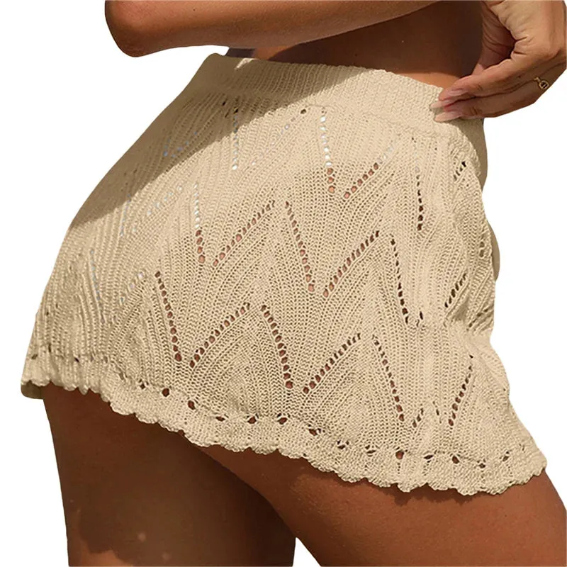 Xingqing Beach Skirt Cover Up 2024 Summer Women Solid Color Drawstring High Waist Knitted Mini Skirt Casual Swimming Costume