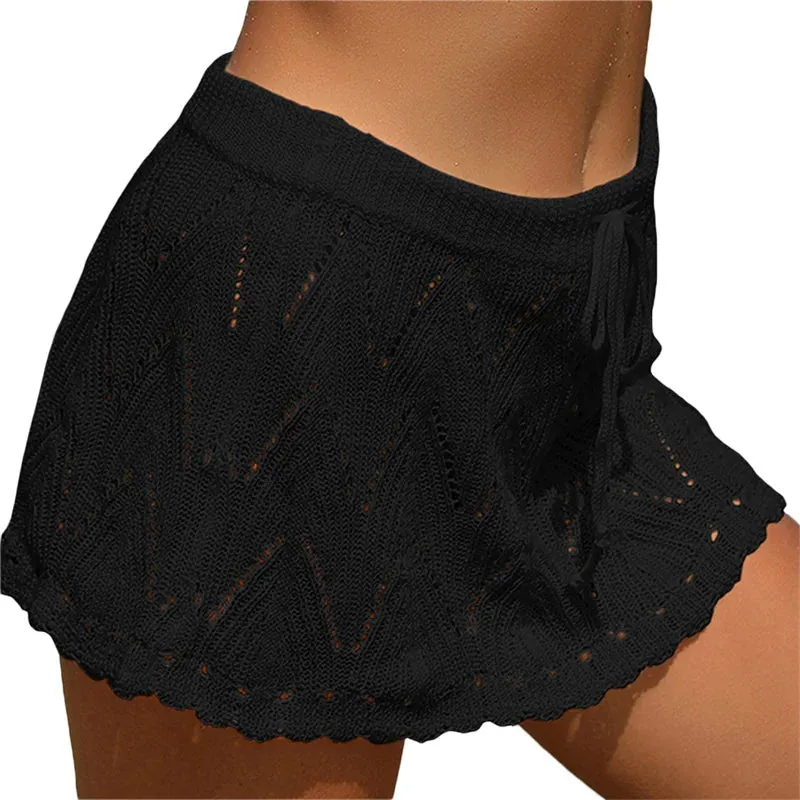 Xingqing Beach Skirt Cover Up 2024 Summer Women Solid Color Drawstring High Waist Knitted Mini Skirt Casual Swimming Costume