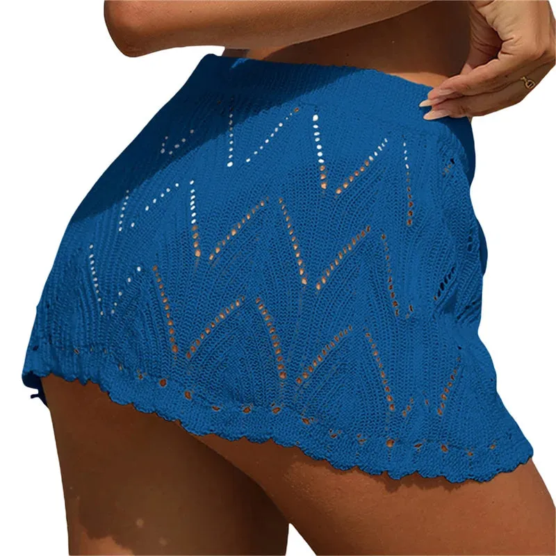 Xingqing Beach Skirt Cover Up 2024 Summer Women Solid Color Drawstring High Waist Knitted Mini Skirt Casual Swimming Costume