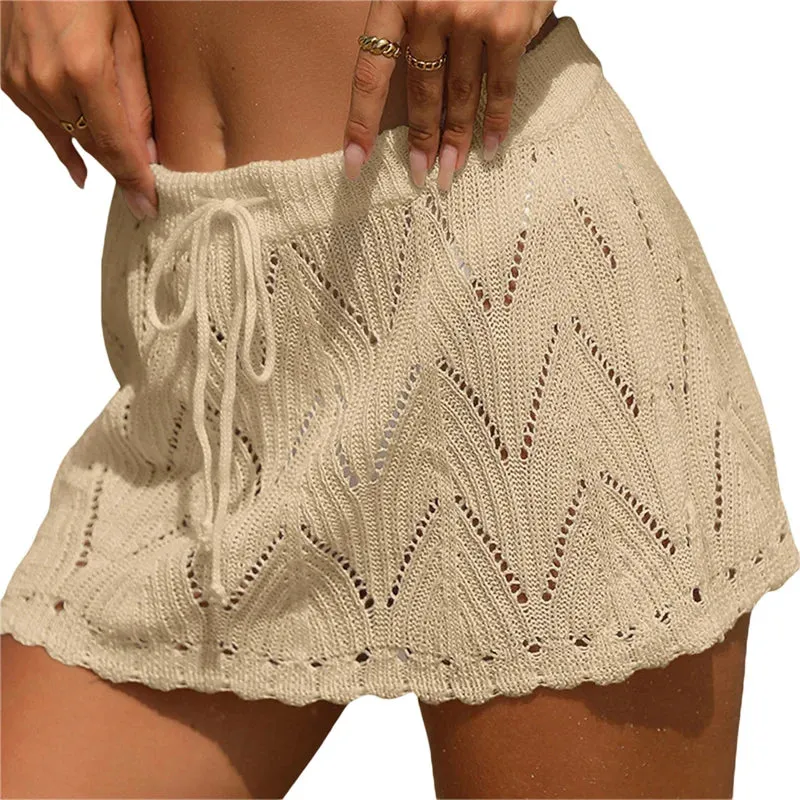 Xingqing Beach Skirt Cover Up 2024 Summer Women Solid Color Drawstring High Waist Knitted Mini Skirt Casual Swimming Costume