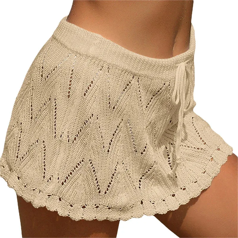 Xingqing Beach Skirt Cover Up 2024 Summer Women Solid Color Drawstring High Waist Knitted Mini Skirt Casual Swimming Costume