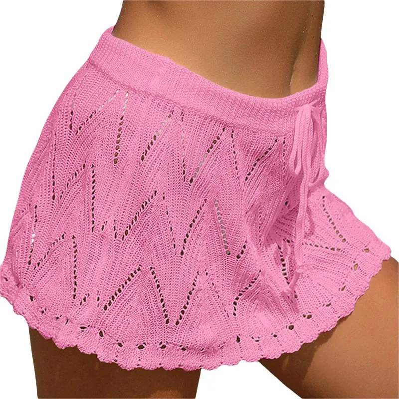 Xingqing Beach Skirt Cover Up 2024 Summer Women Solid Color Drawstring High Waist Knitted Mini Skirt Casual Swimming Costume