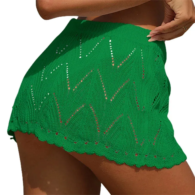 Xingqing Beach Skirt Cover Up 2024 Summer Women Solid Color Drawstring High Waist Knitted Mini Skirt Casual Swimming Costume