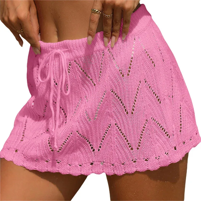 Xingqing Beach Skirt Cover Up 2024 Summer Women Solid Color Drawstring High Waist Knitted Mini Skirt Casual Swimming Costume