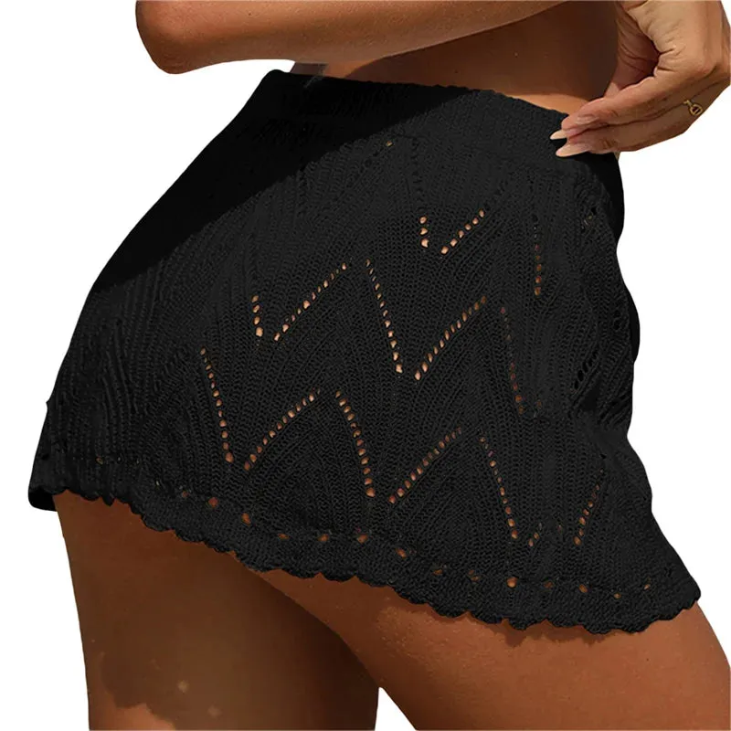 Xingqing Beach Skirt Cover Up 2024 Summer Women Solid Color Drawstring High Waist Knitted Mini Skirt Casual Swimming Costume